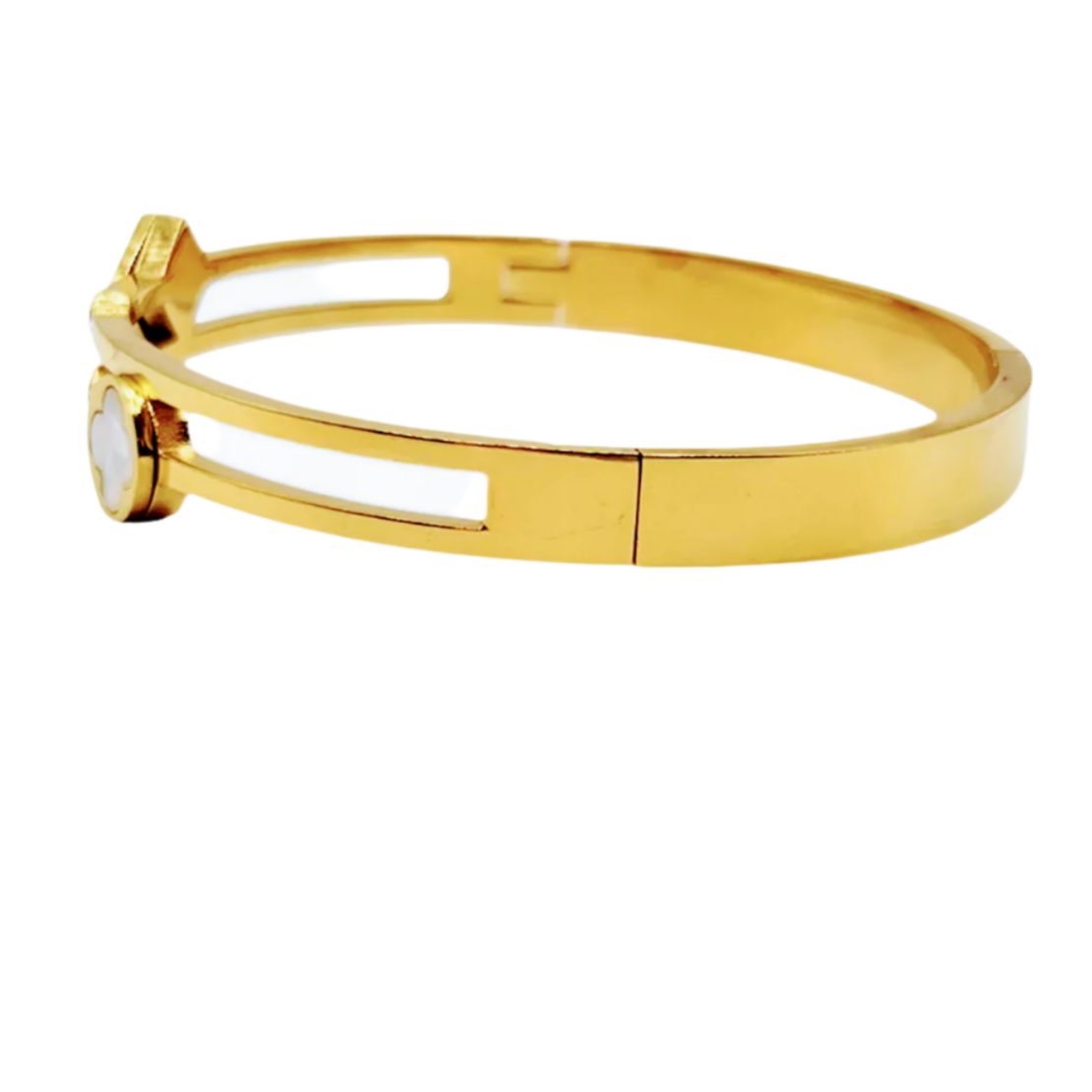 Bangle styled bracelet with mother of pearl and crystals in yellow plating