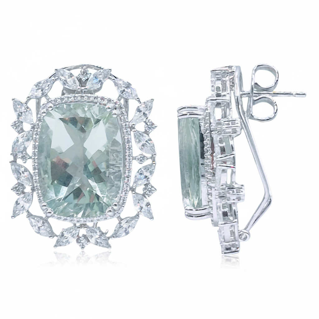 Natural Green Amethyst gemstone, in cushion cut, with Cubic Zirconia in 925 Silver