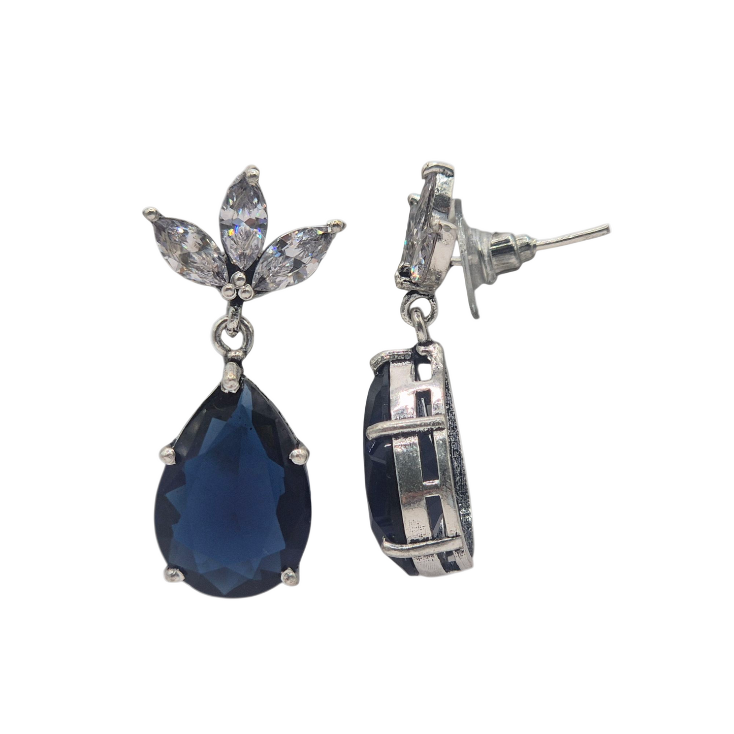 Dark blue quartz drop with cubic zirconia marquis set in brass