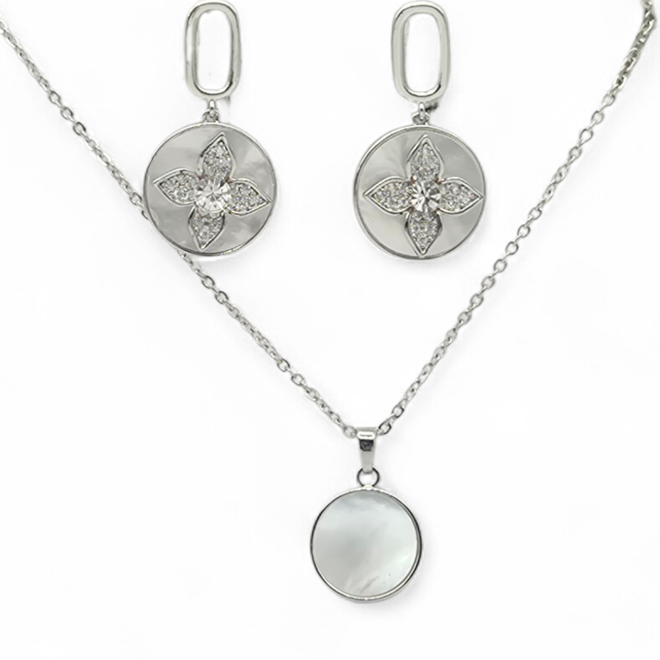 White MOP with CZ Flower in White Plating
