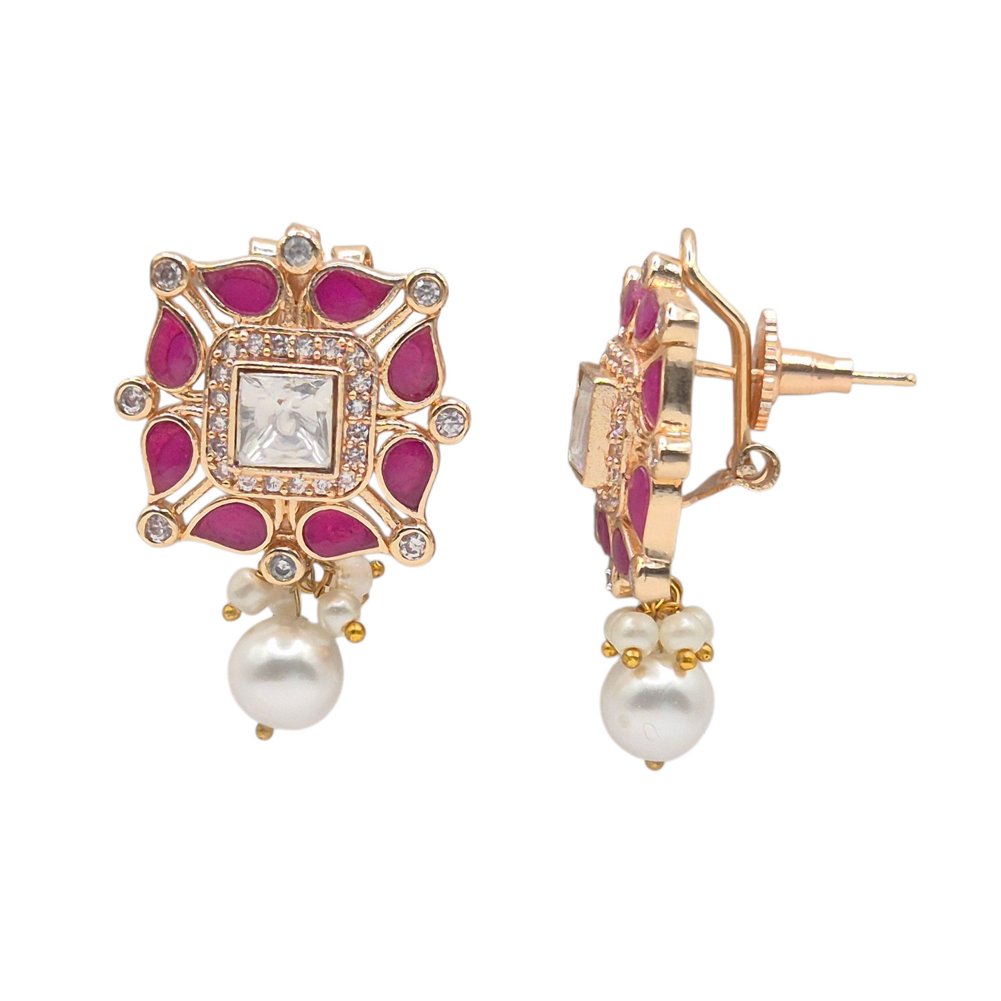 Fuschia pink and beige enamel with kundan and seed pearls in brass