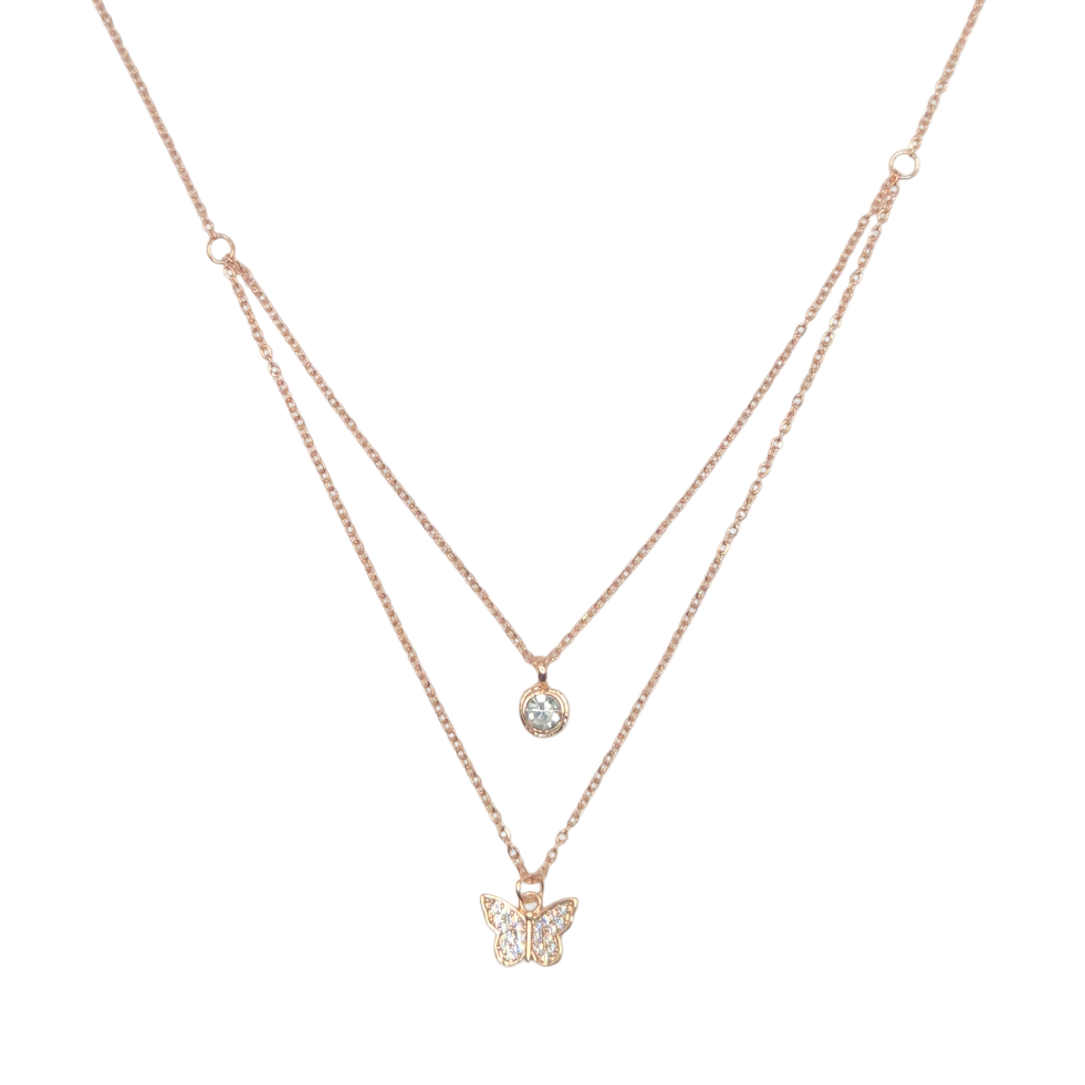 Stainless double chain with butterfly motif in pink plating