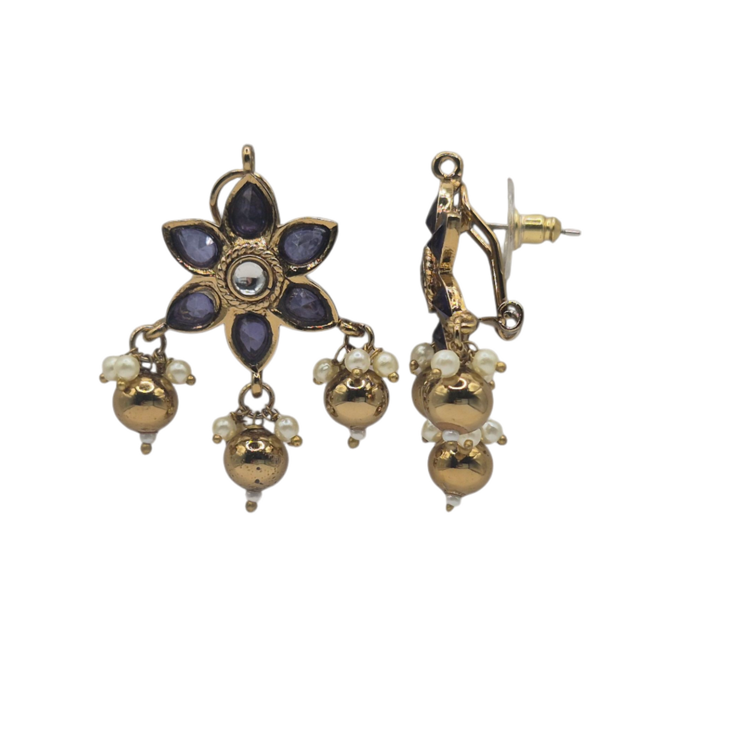 Purple quartz with kundan and pearl in brass