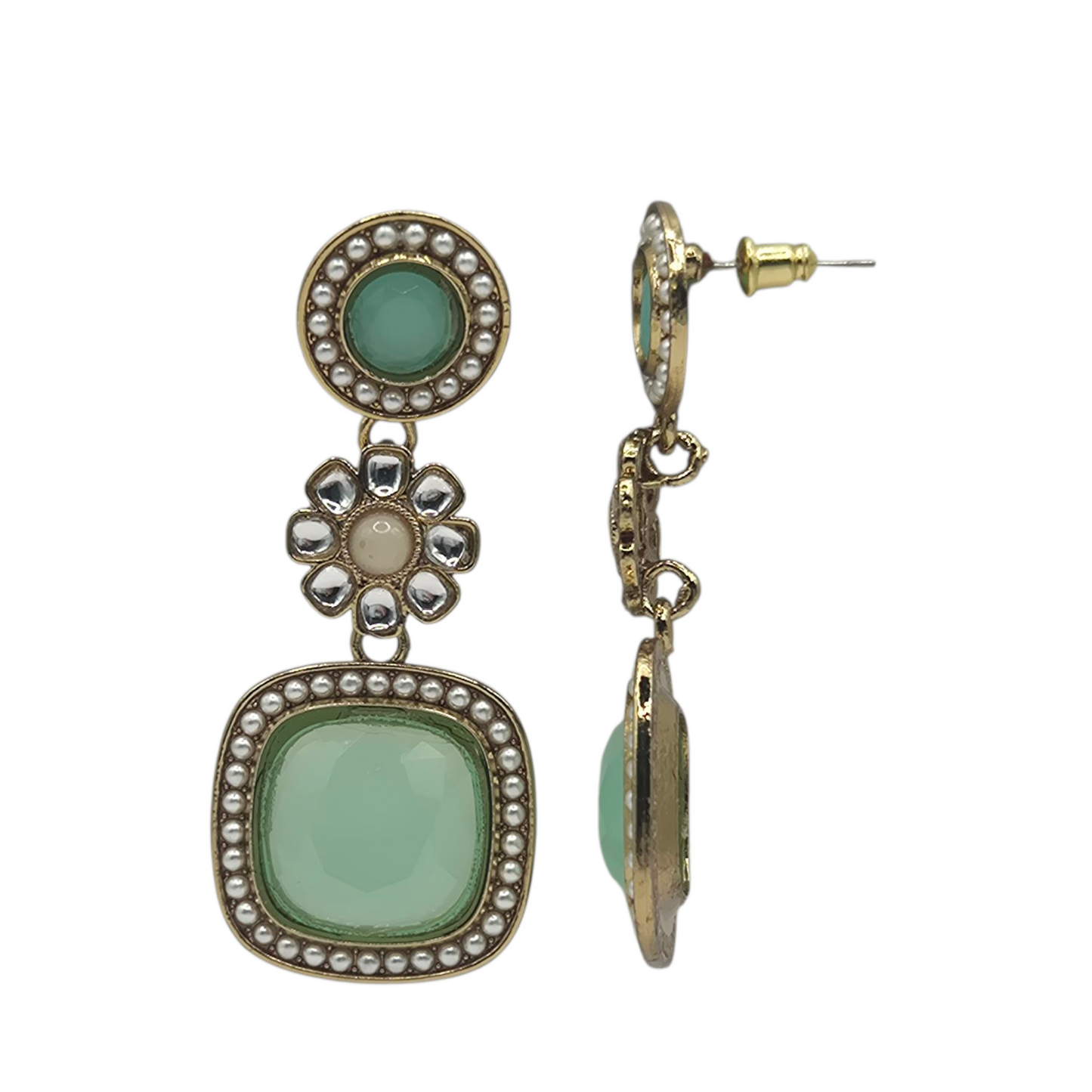 Light green quartz with kundan in brass