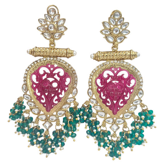 Carved Red Quartz with Kundan and Crystal Danglers set in Brass