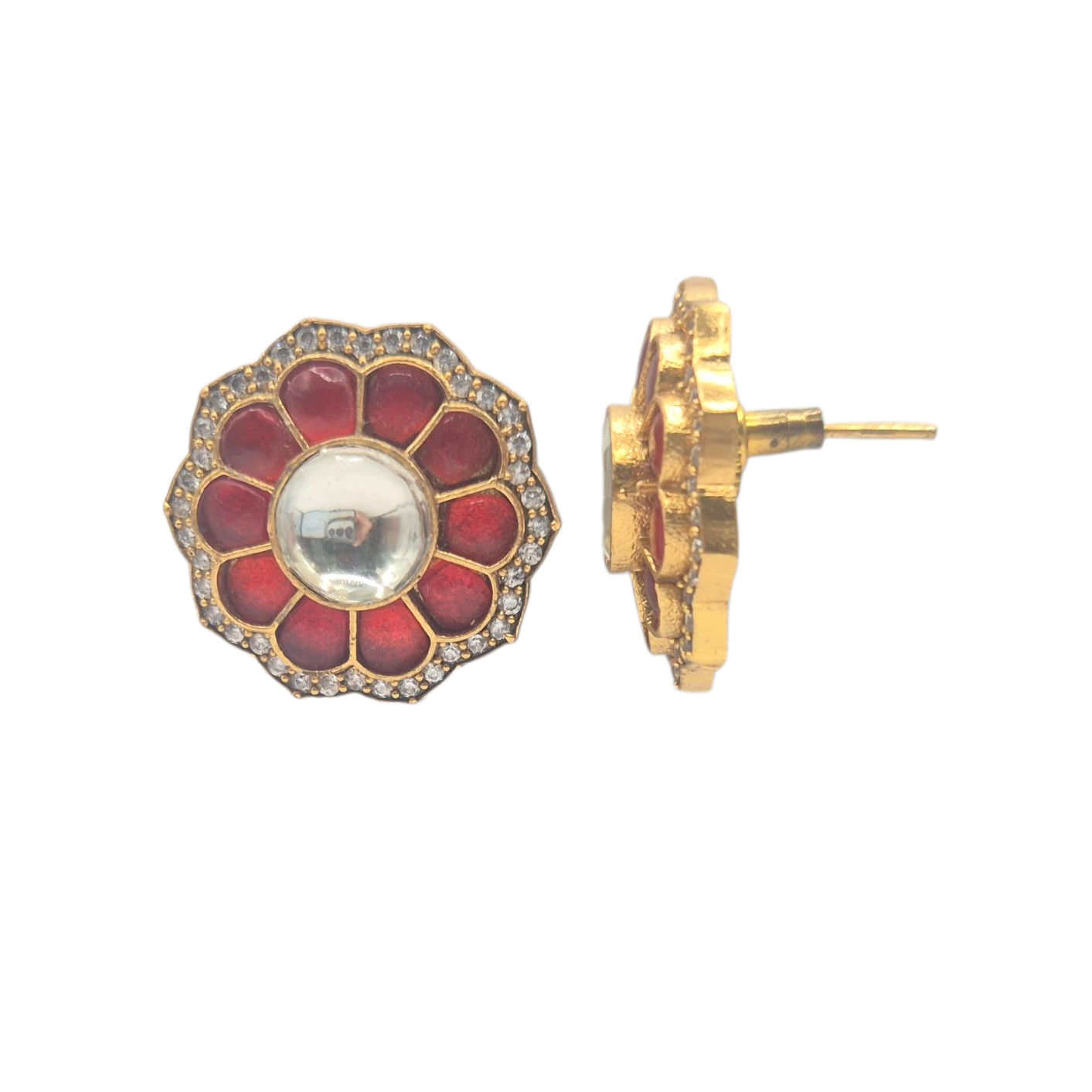 Bright red quartz with kundan and seed pearls in Brass