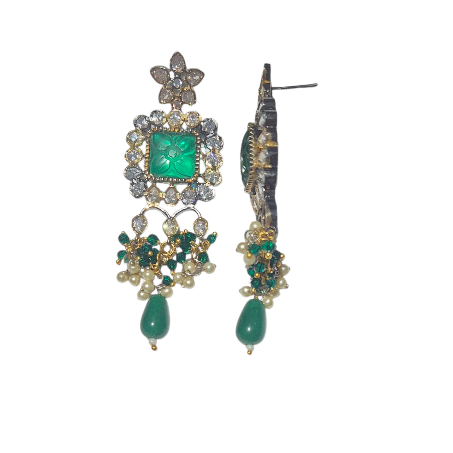 Green crystals with antique kundan in brass