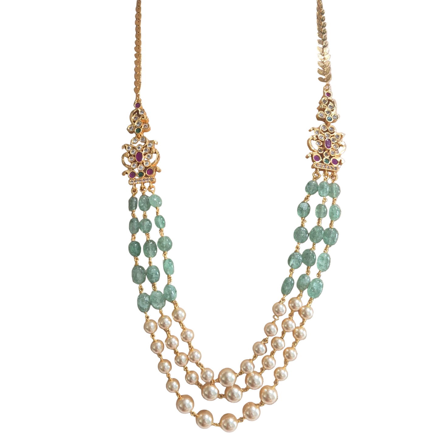 Pearls, jade and kundan in brass necklace