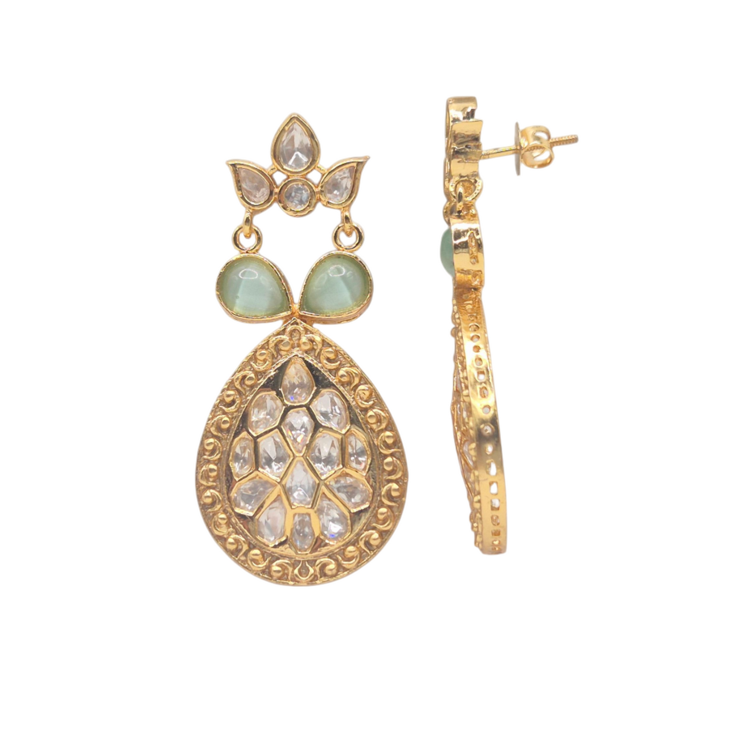 Kundan and pearls with green quartz in brass