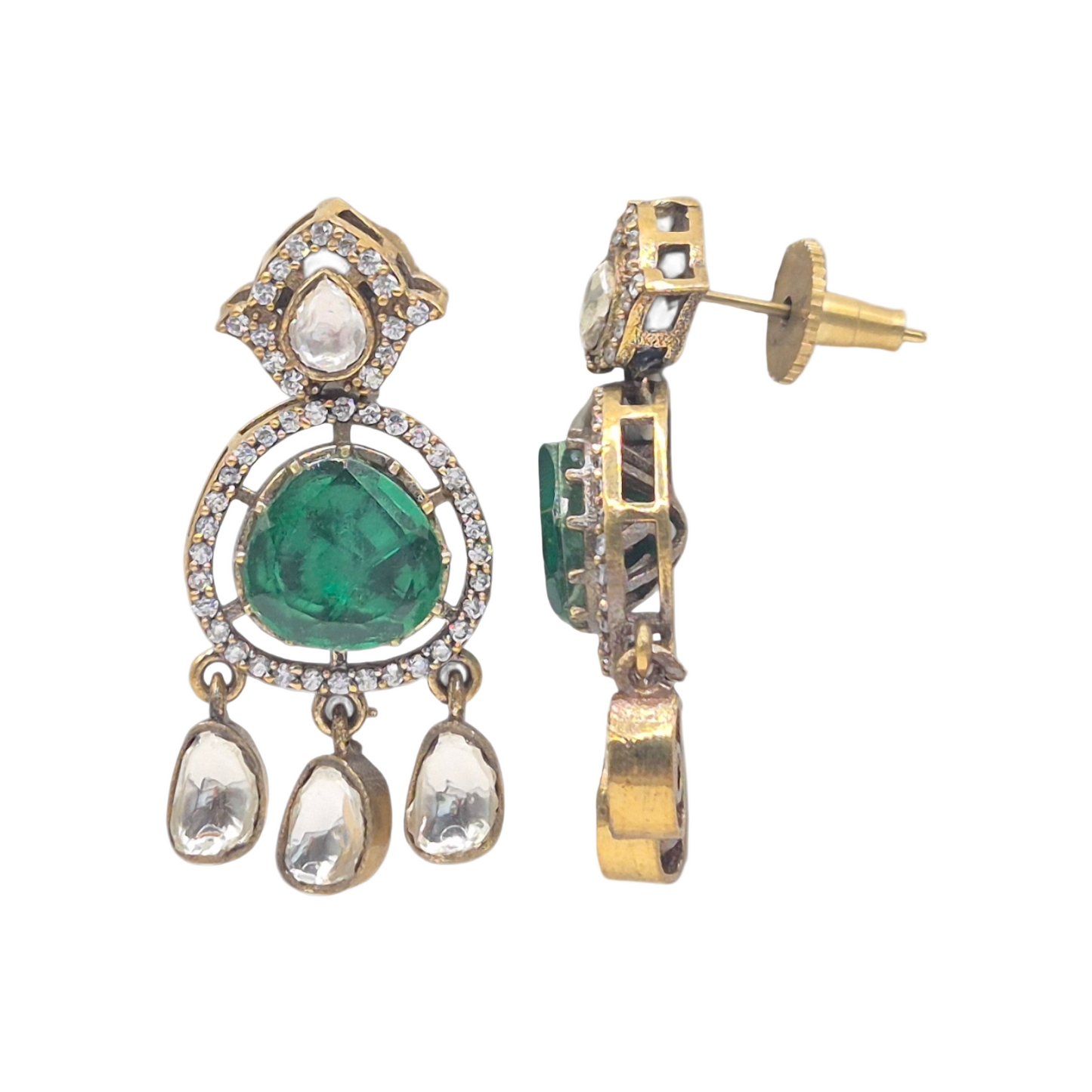 Green Quartz with Moissanites and cubic zirconia in Brass with Antique Plating