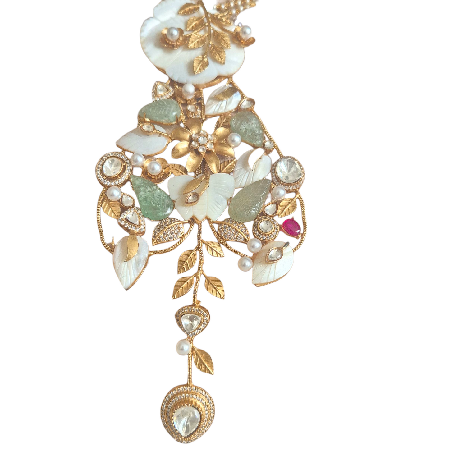 Antique gold in brass, with mother of pearl, amethyst , pearls and carved opal necklace set