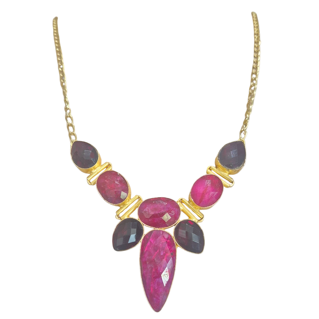 Dark maroon and fuschia pink quartz in brass