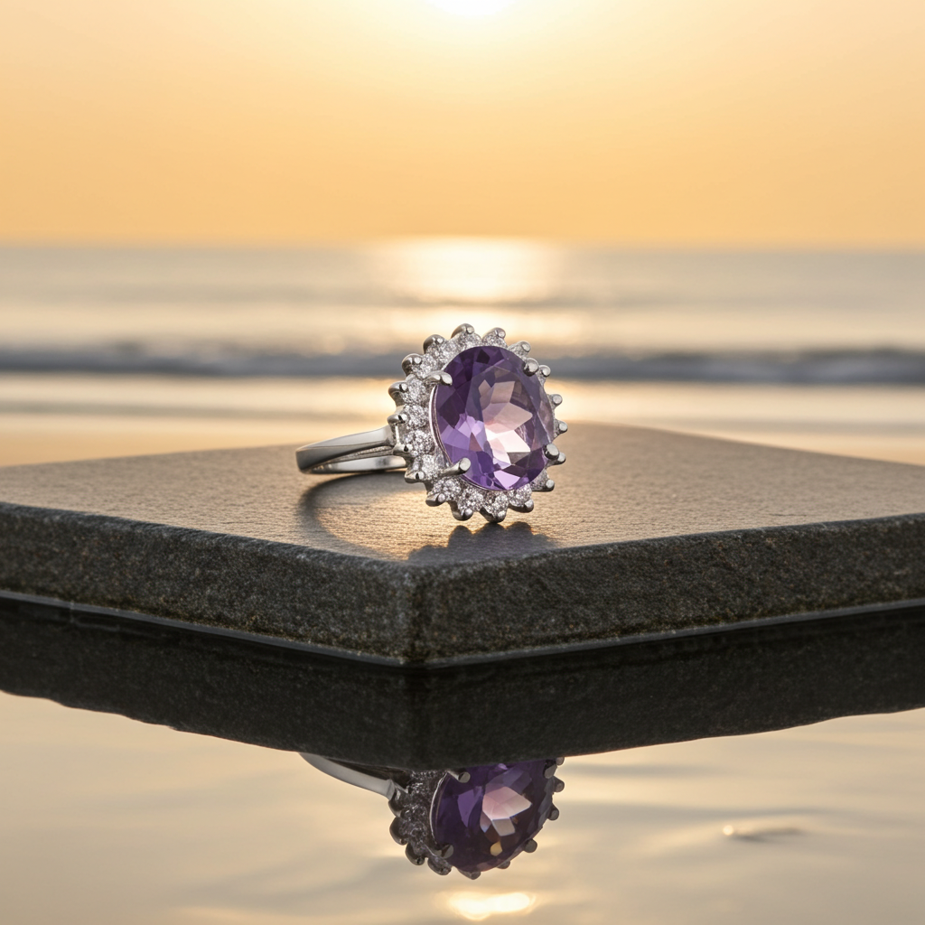 Amethyst Oval in 925 Silver with Cubic Zirconia
