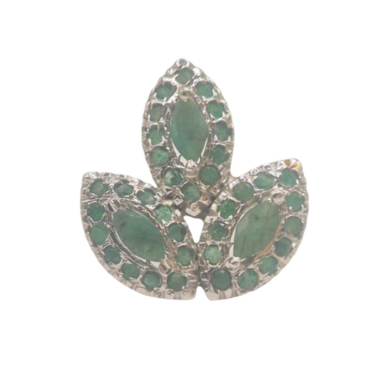 Pastel green emeralds in German Silver make this leafy designer ring