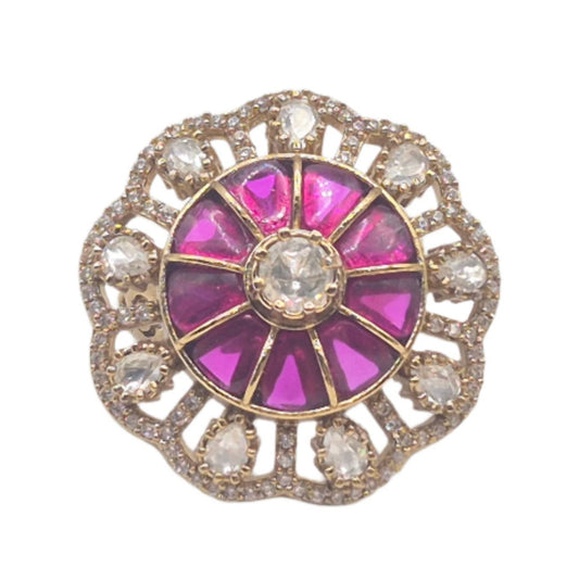 Maroon semi-precious stones with moissanites in an adjustable brass ring