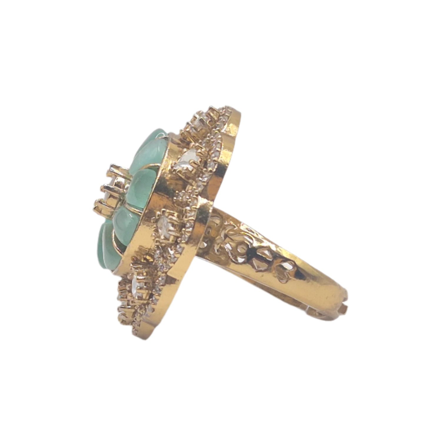 Light Green semi precious stones with moissanite in an adjustable brass ring