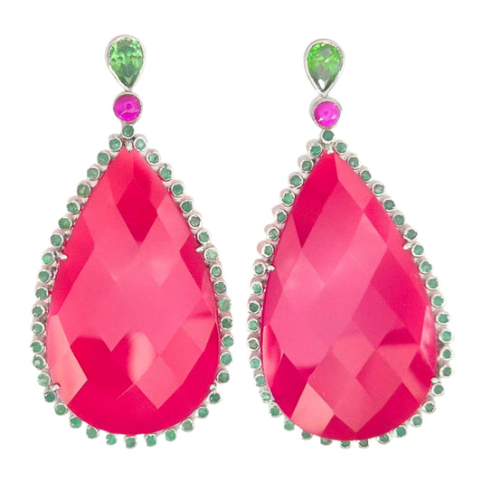 Natural Pink Chalcedony gemstone with Green and Pink Zirconia, make these fascinating and eye pleasing earrings in 925 Silver
