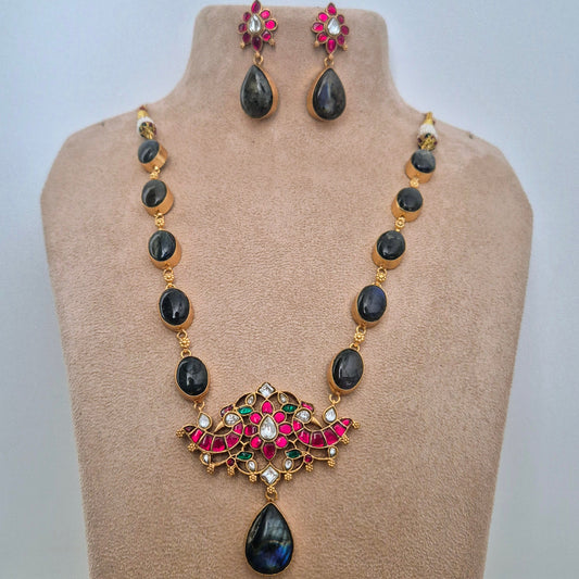 Labradorite gemstone coupled with Fuschia pink Jadau Kundan Set