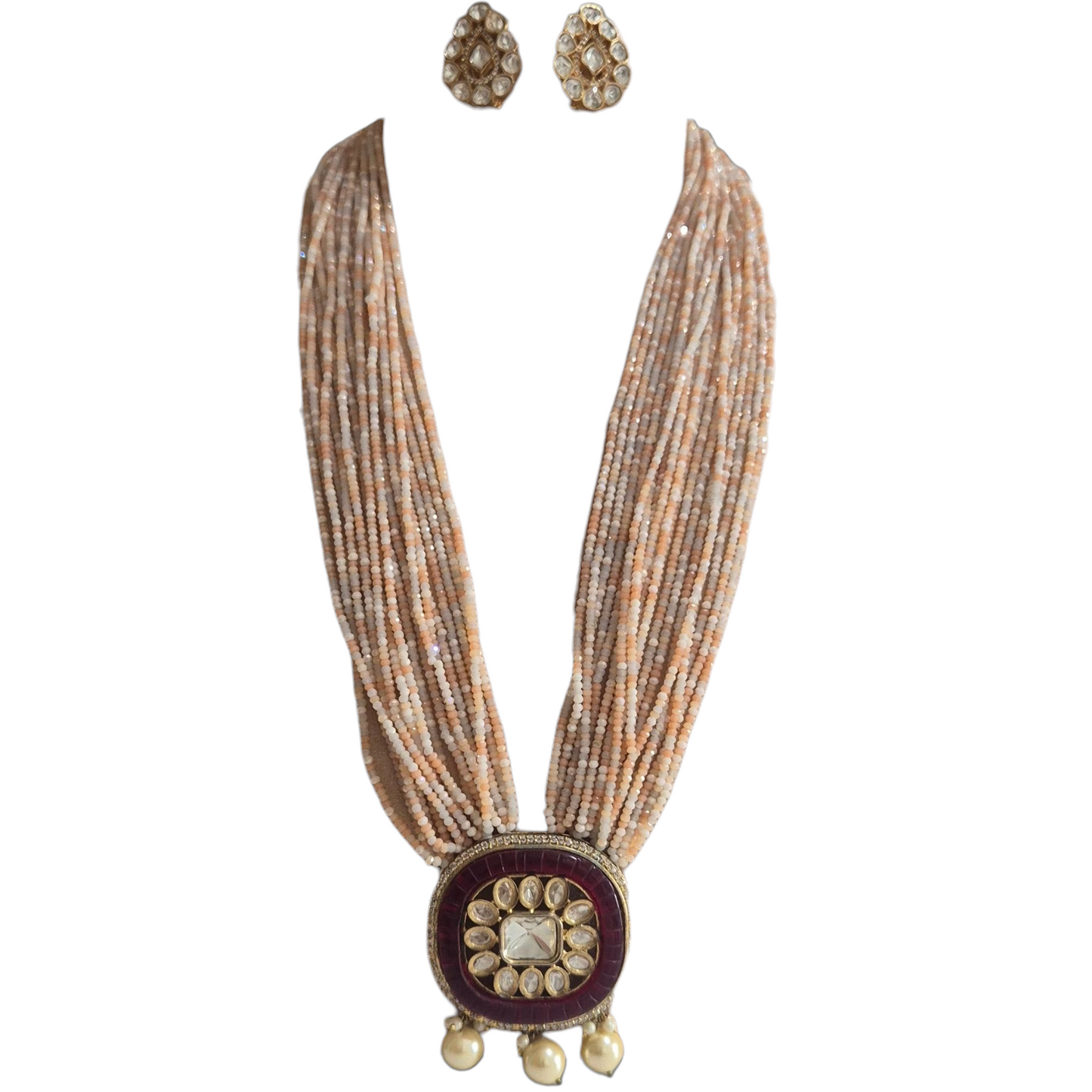 Peach czech beads with a red pendant made with kundan in brass