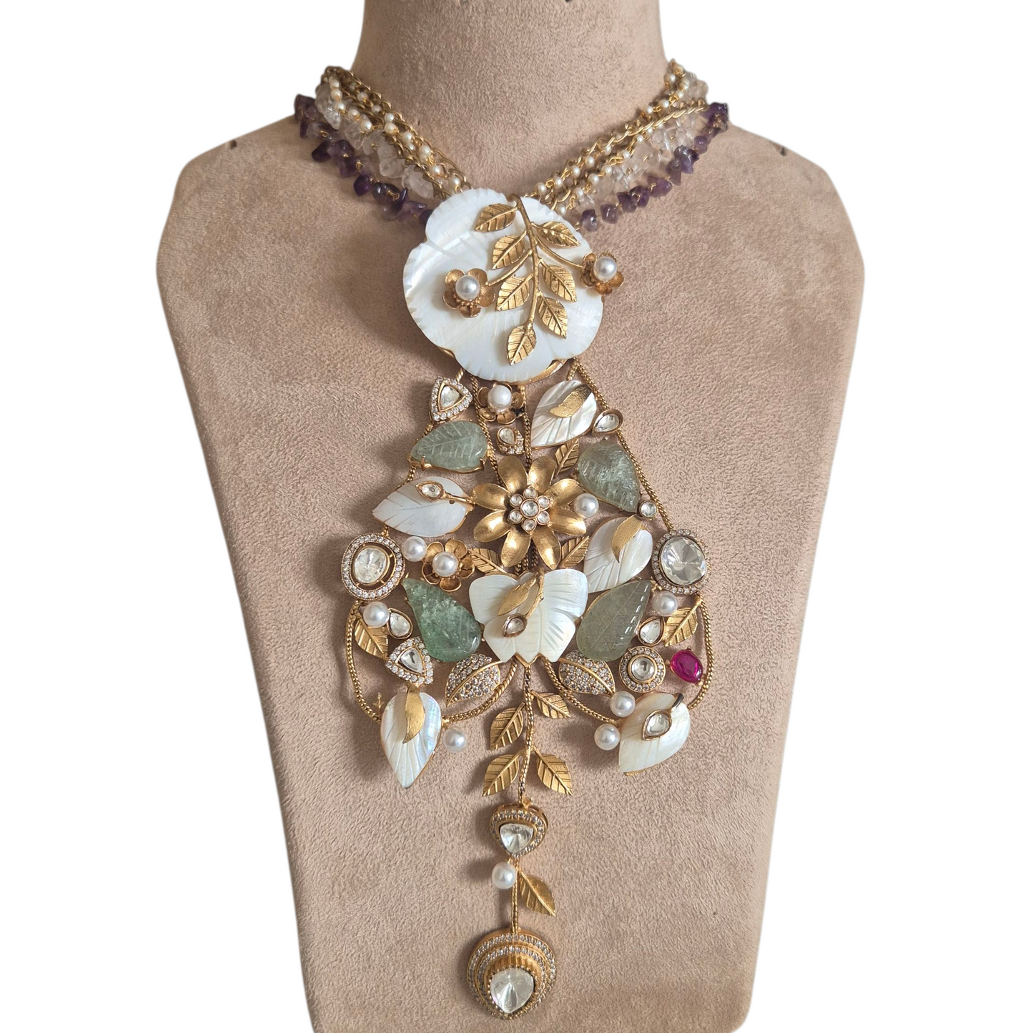 Antique gold in brass, with mother of pearl, amethyst , pearls and carved opal necklace set