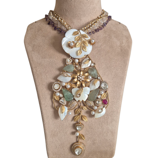 Antique gold in brass, with mother of pearl, amethyst , pearls and carved opal necklace set