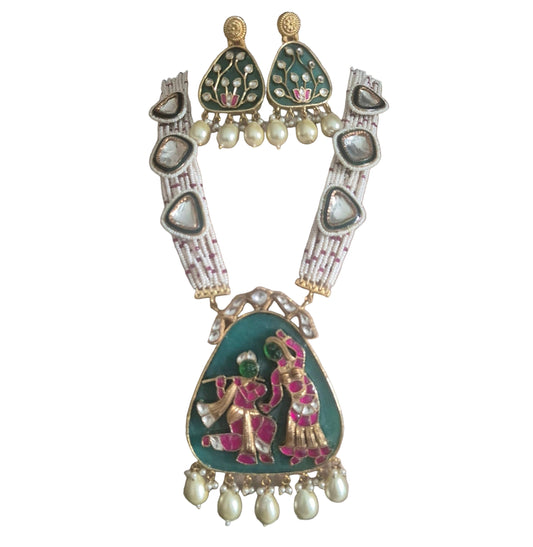 Radha Krishna on a slab of Agate, with kundan and brass