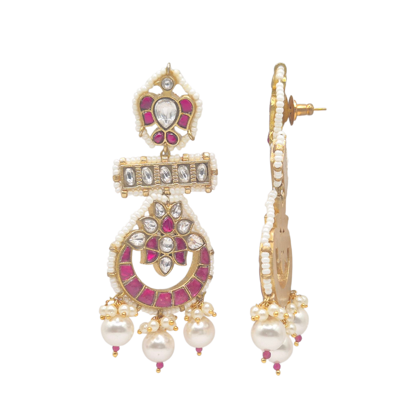 Natural Pearls, onyx, kundan and fuschia pink enamel in brass