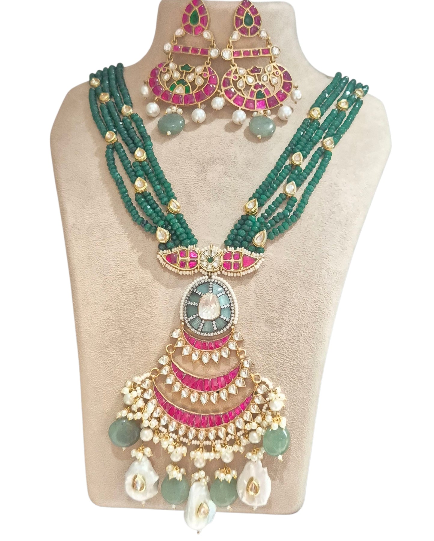 Natural Pearls, onyx, kundan and fuschia pink enamel in brass