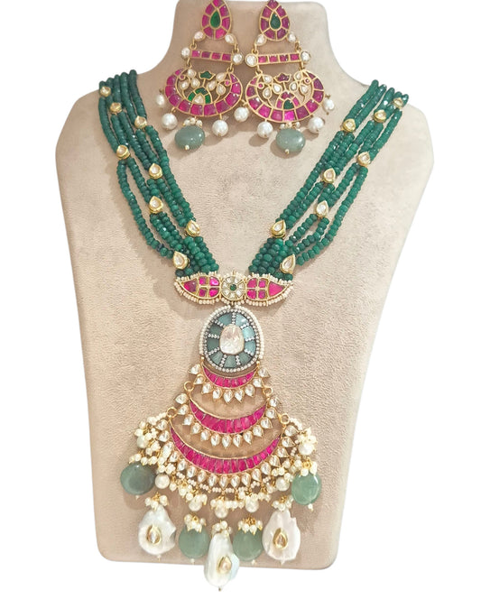 Natural Pearls, onyx, kundan and fuschia pink enamel in brass