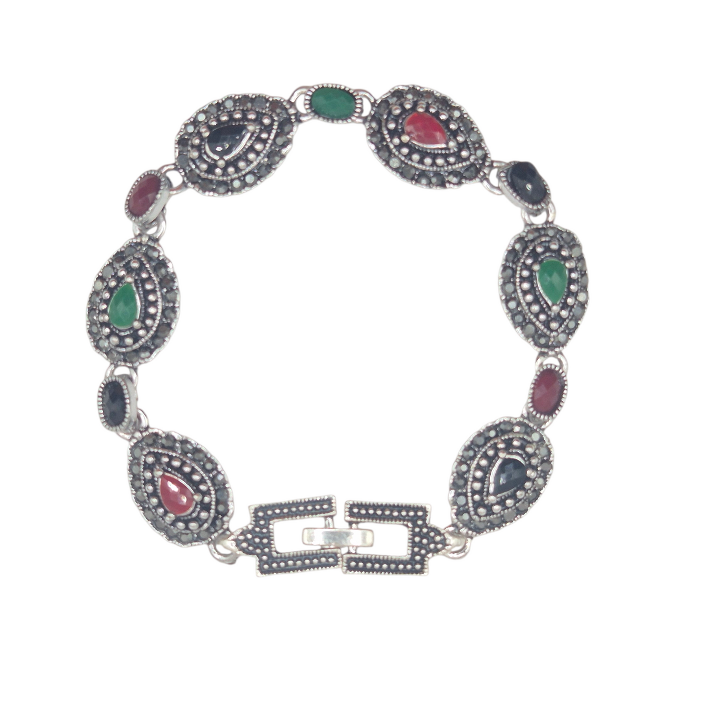 Multicolour quartz in pear and oval in brass with marcasite