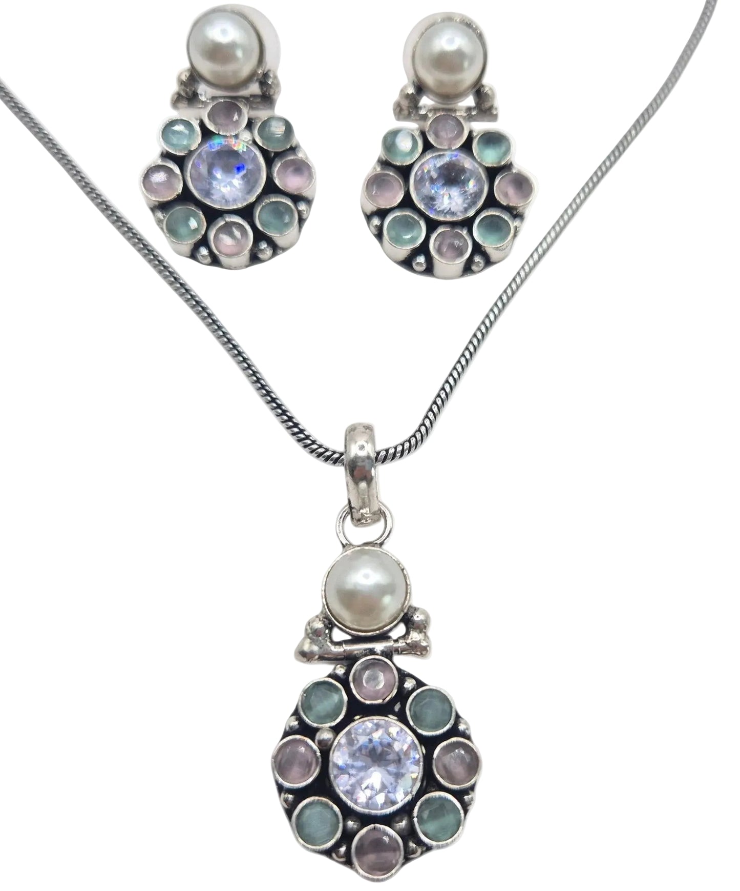 Pastel Pink and Green Zircon with White Pearl Set in brass