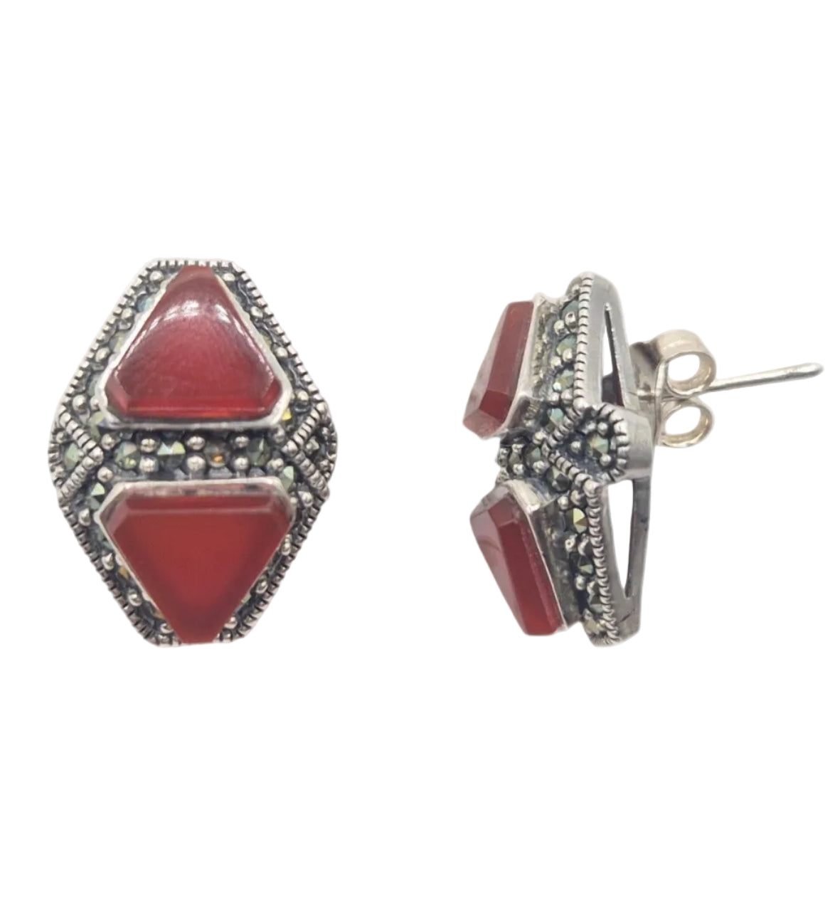 Carnelian gemstone studs with marcasite in brass