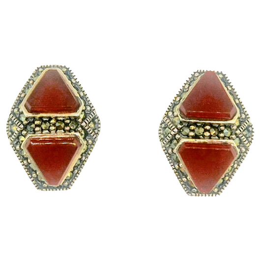 Carnelian gemstone studs with marcasite in brass