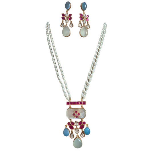 Mother of pearl with fuschia pink kundan and quartz in brass