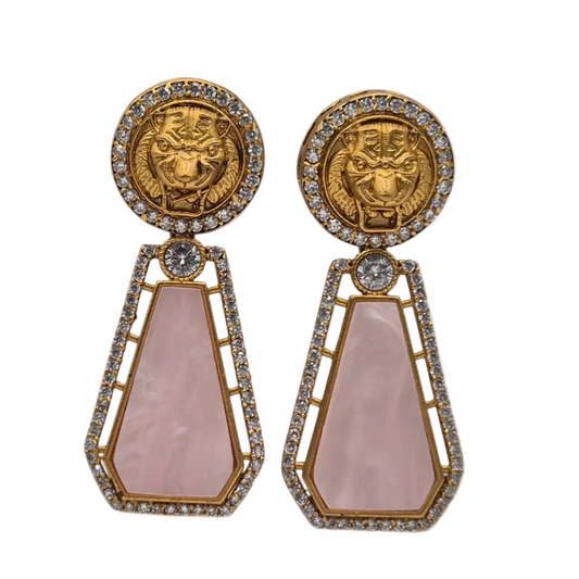 Mother of Pearl with a designer motif with cubic zirconia in brass