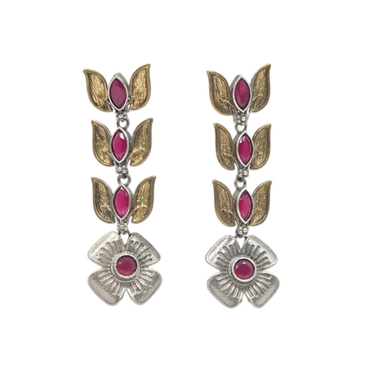 Dual tone lotus earring with red quartz in brass