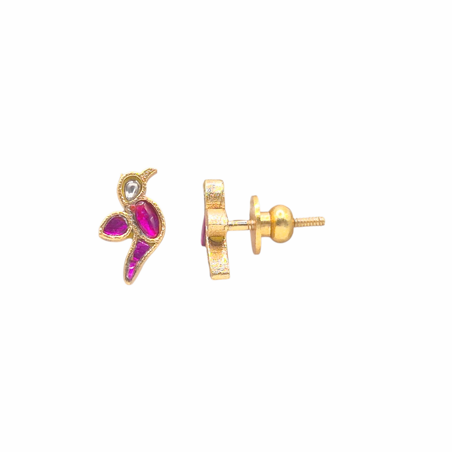 Pink Enamel Parrot Studs | Brass 22kt Gold