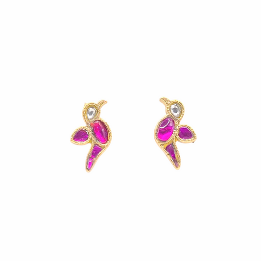Parrot studs with pink enamel in brass with 22kt gold plating