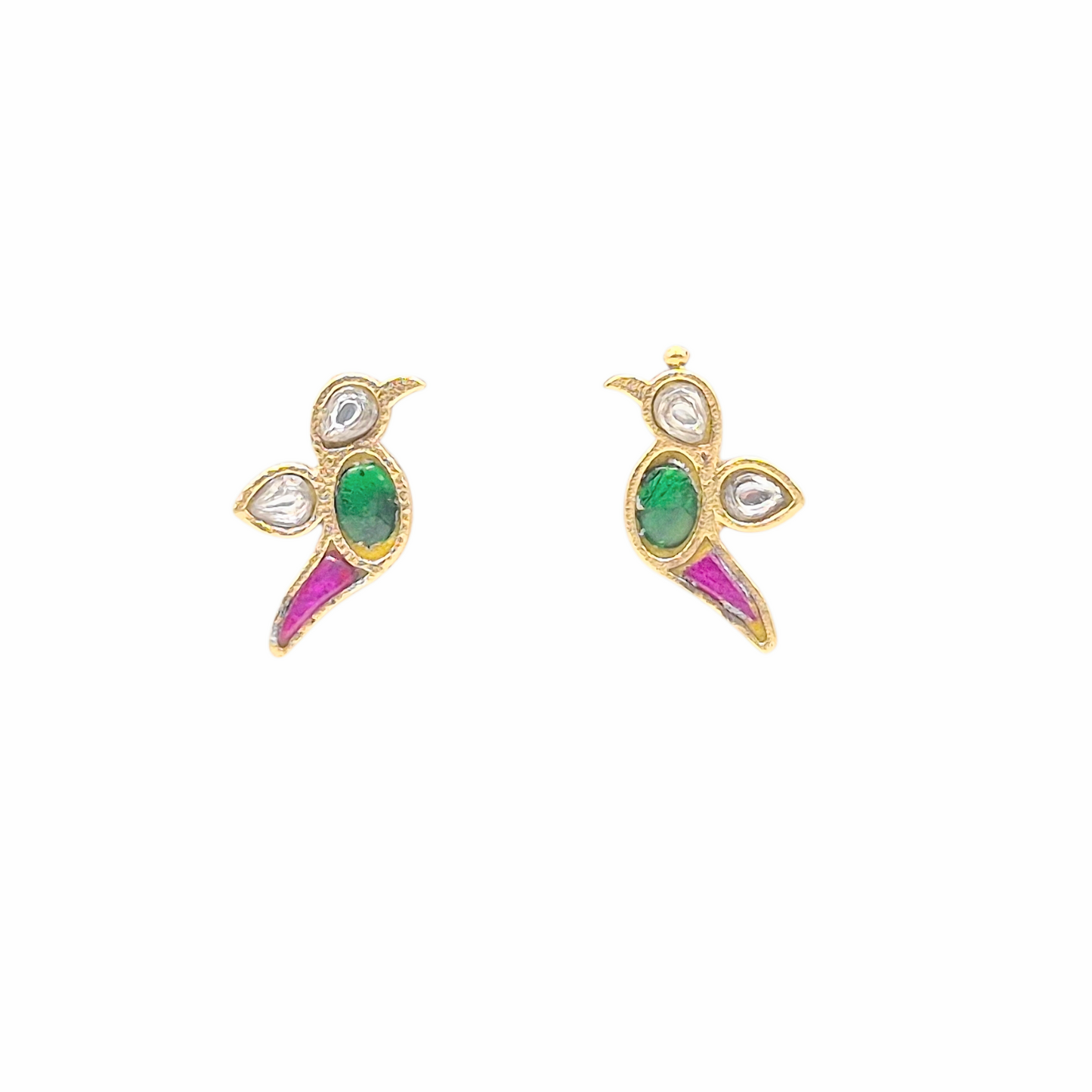 Parrot studs in pink and green kundan in brass with 22kt gold plating