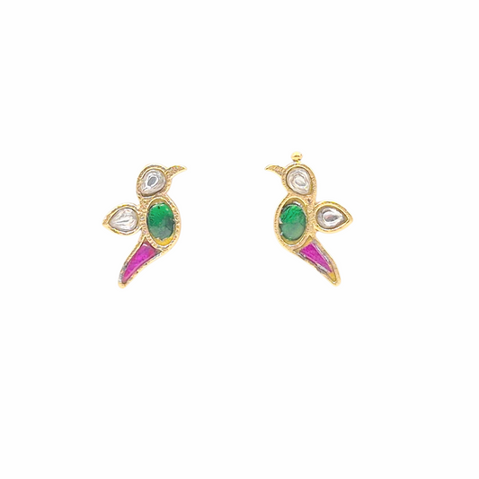 Parrot studs in pink and green kundan in brass with 22kt gold plating