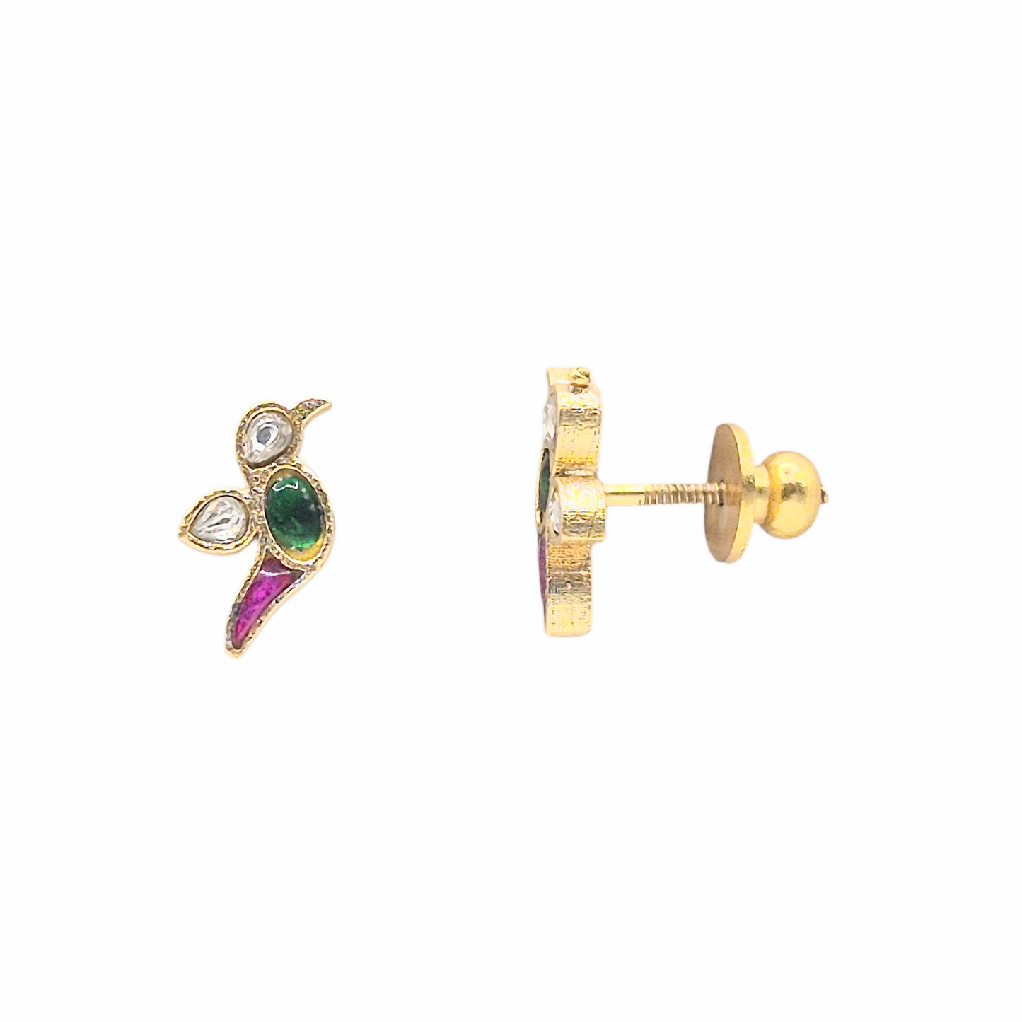 Parrot studs in pink and green kundan in brass with 22kt gold plating
