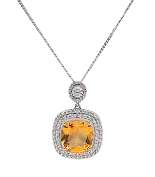 Citrine Cushion with Cubic Zirconias in 925 Silver