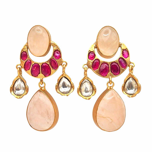 Natural Rose Quartz set with fuscia pink quartz in brass with lifelong gold plaing