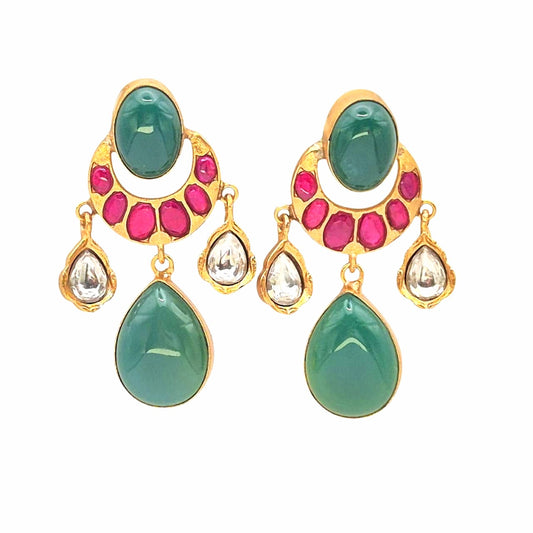 Green Onyx set with fascia pink quartz in brass with lifelong gold plating