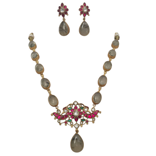 Green rutilated Quartz with Fuschia pink Jadau Kundan Set
