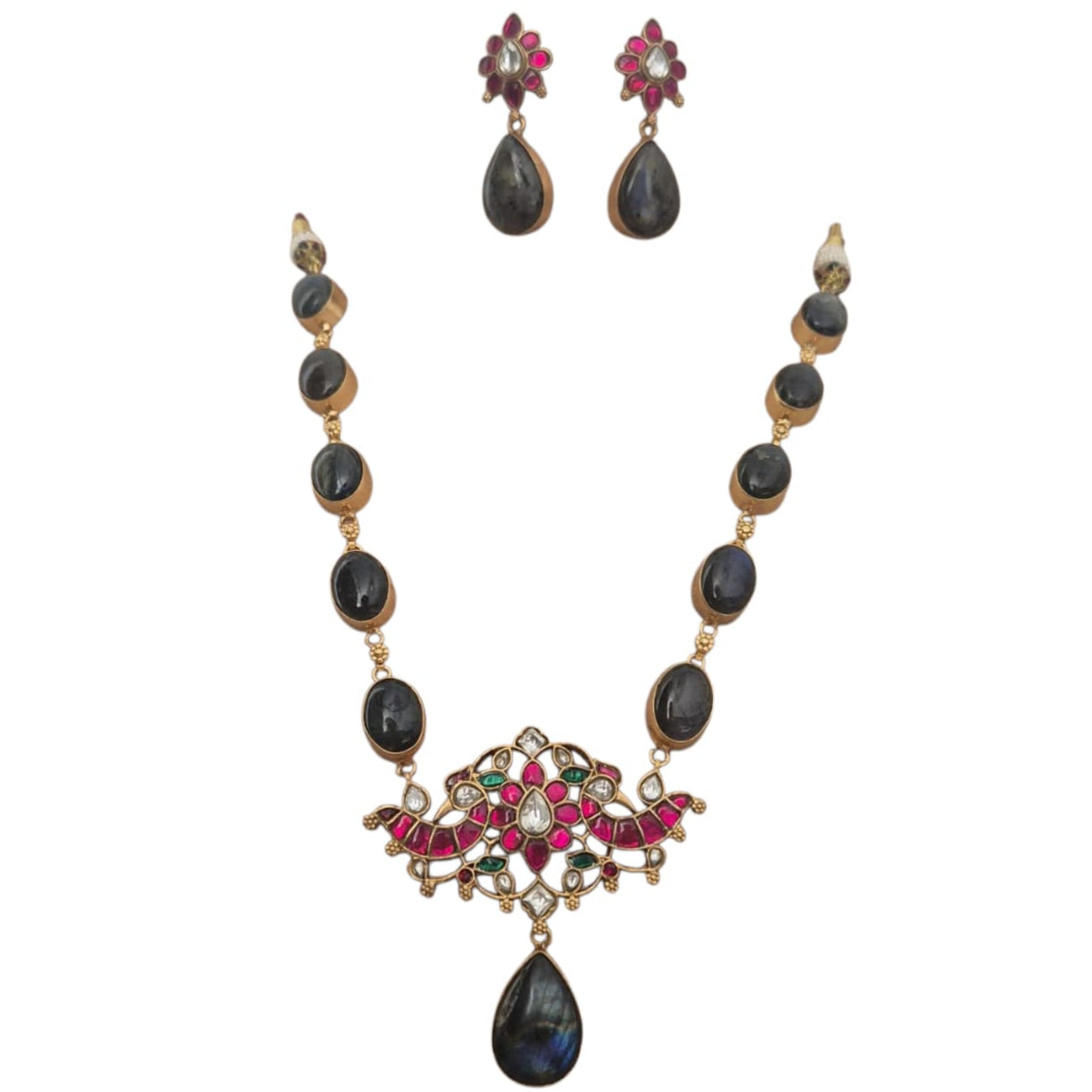 Labradorite gemstone coupled with Fuschia pink Jadau Kundan Set