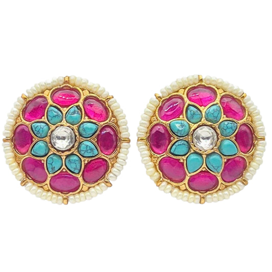 Pink jadau and Natural Turquoise eartops