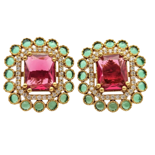 Rectangle shaped Kundan Stud with Cubic Zirconia and Red and Green Hydros