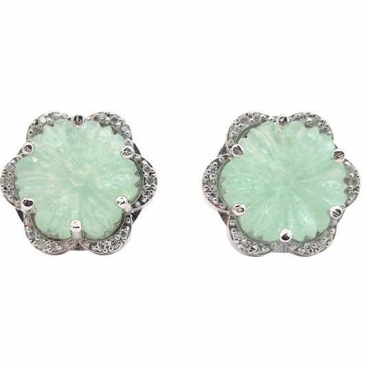 Pastel green naturally carved Chalcedony with Cubic Zirconia in 925 Silver, elite eartops