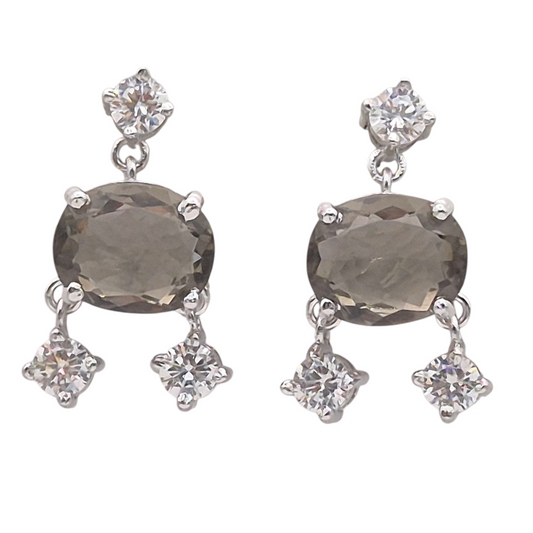Brown Oval Hydro Quartz with Cubic Zirconia in a double drop style in 925 Silver